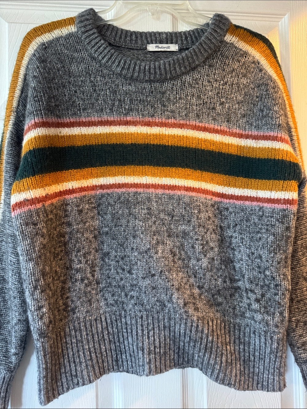 Madewell Gray Crewneck Sweater with Mustard, Green & Rust Stripes - Picture 4 of 7